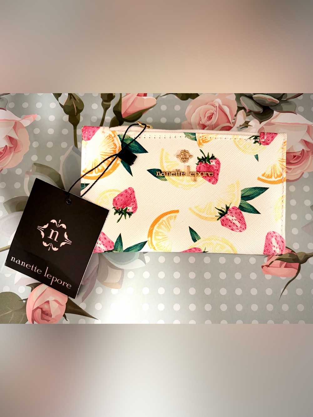 Nanette Lepore White Strawberry & Lemon Print Wristlet Clutch